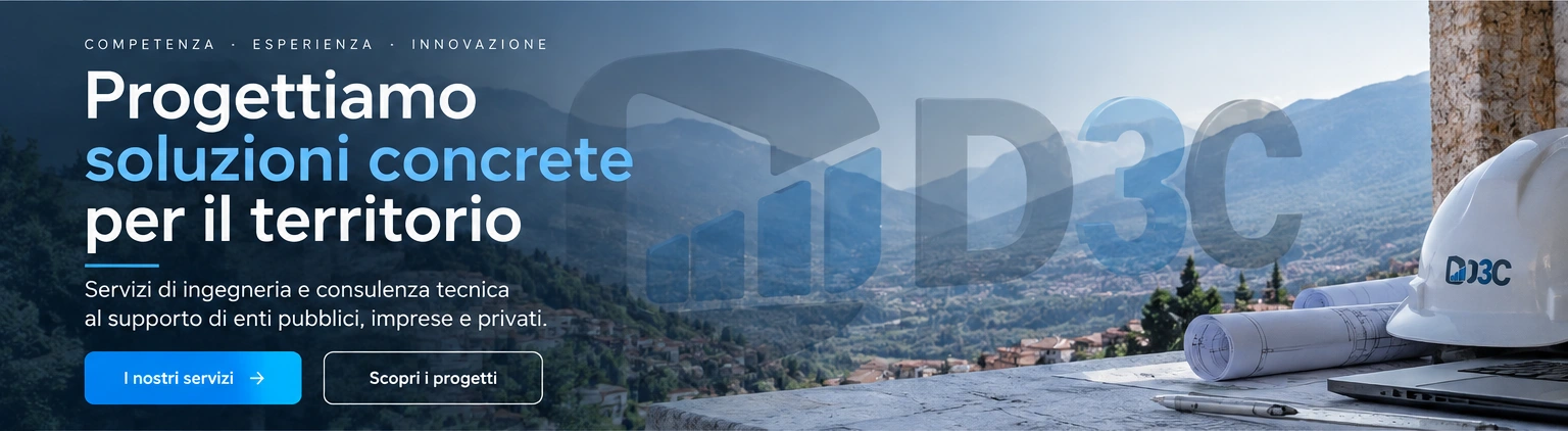 Panorama montano, logo D3C in trasparenza e messaggio: Progettiamo soluzioni concrete per il territorio